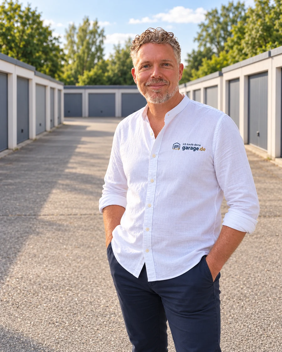 Konstantin Mastalka im weißen Hemd vor einer gestalteten Garagenhof-Kulisse